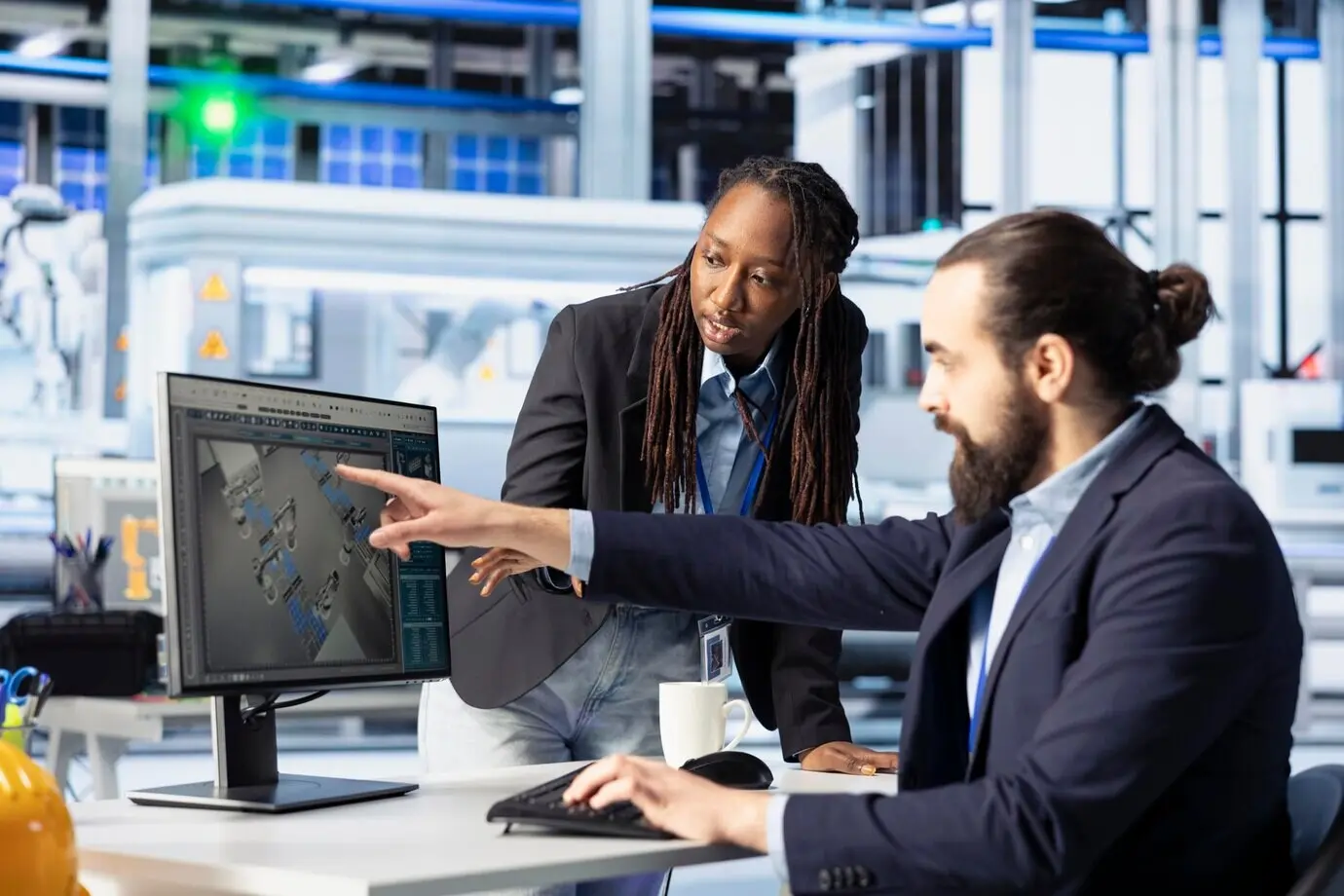 A manager and an intern at a photovoltaics factory conducting performance tests on solar panels.