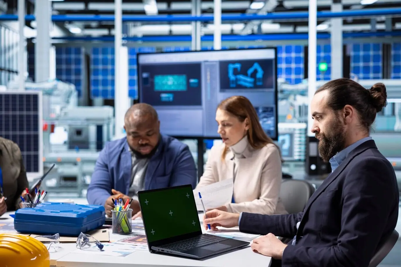 Factory researchers analyzing system health metrics using a mockup laptop.
